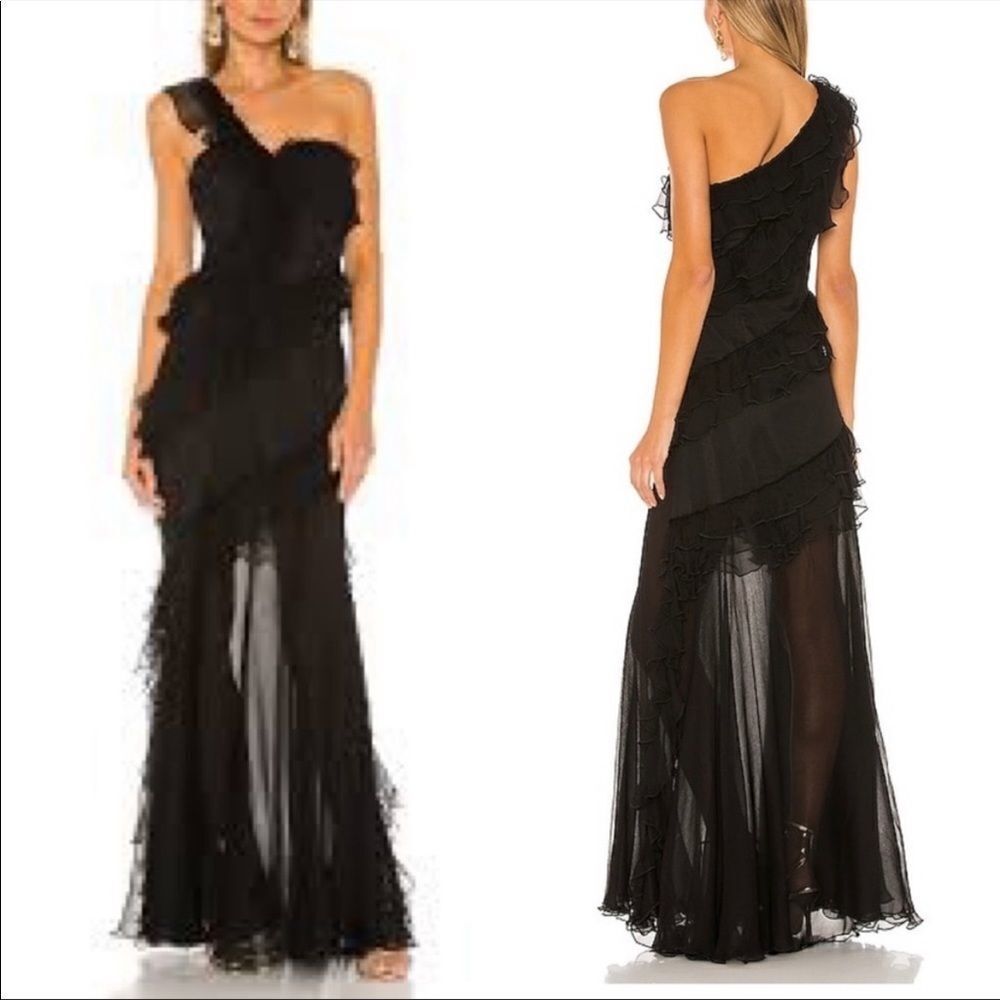 AMUR Harlow Silk One-Shoulder Ruffle & Sheer Maxi Dress Gown Black 2